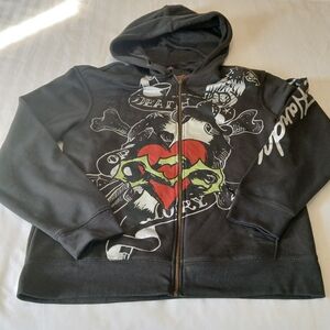 Ed Hardy Full Zip "Death or Glory" Y2K Graphic Print Hoodie Men's Medium NWT